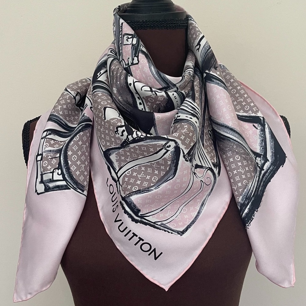 Louis Vuitton Trunks & Luggage Monogram Pink Brown Silk Scarf - Picture 14 of 15